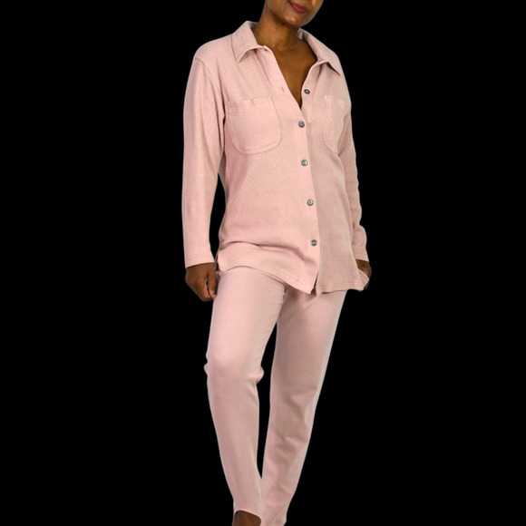 Vintage Stirrup Pant Set Dusty Pink Blush Waffle Knit Shirt Shacket CoOrd Small - Picture 13 of 14